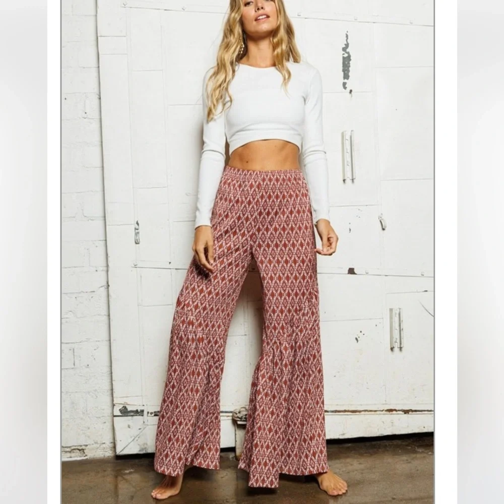 BOHO DAMASK PRINT FLARE PALAZZO PANTS - HIGH WAIST - Picture 1 of 4